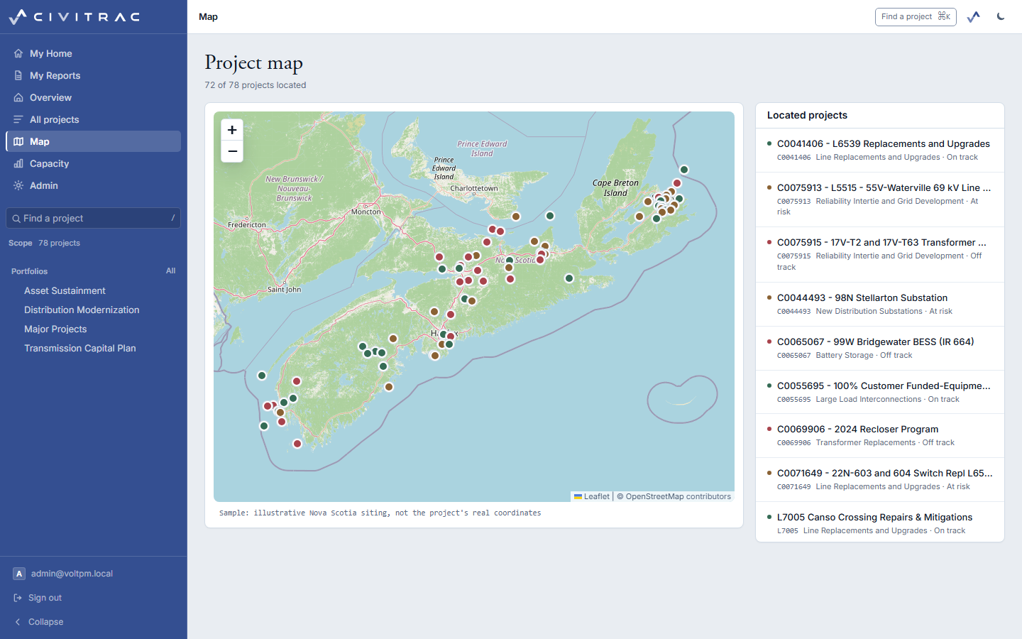 The project map: located projects across Nova Scotia coloured by health, with the list of located projects beside it.