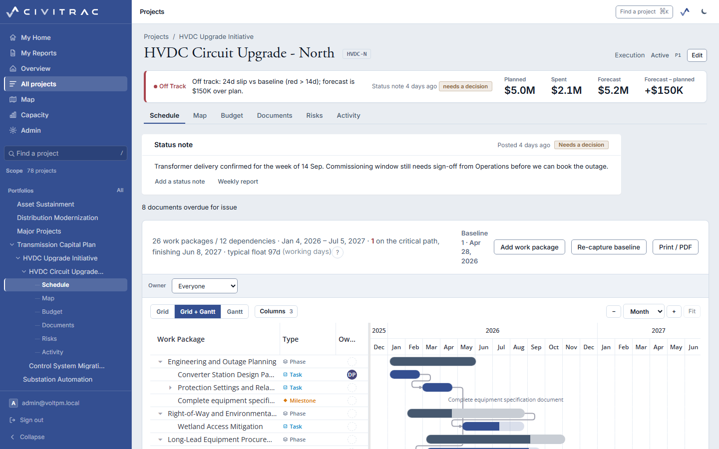 A project in CiviTrac: the health strip under the title, the status note, and the work-package grid beside the gantt with the critical path drawn.